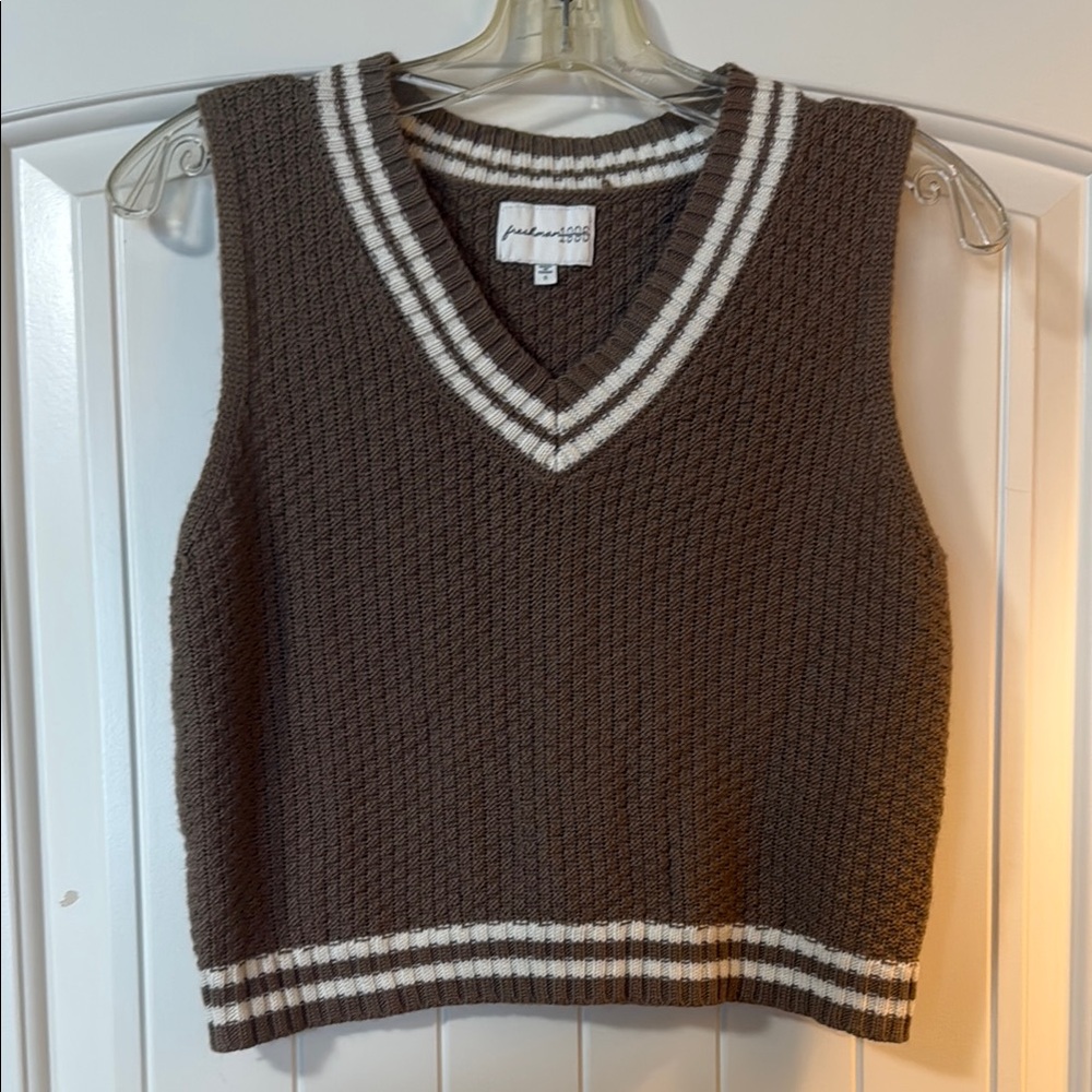Forever 21 Brown V-Neck Sweater with White Accents